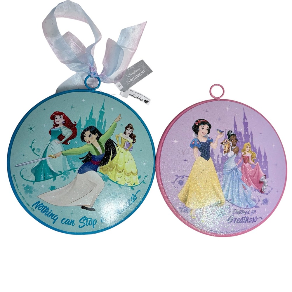 Disney Parks Princess Metal Glitter Ornaments Set of 2 Ariel Mulan Tiana 6"